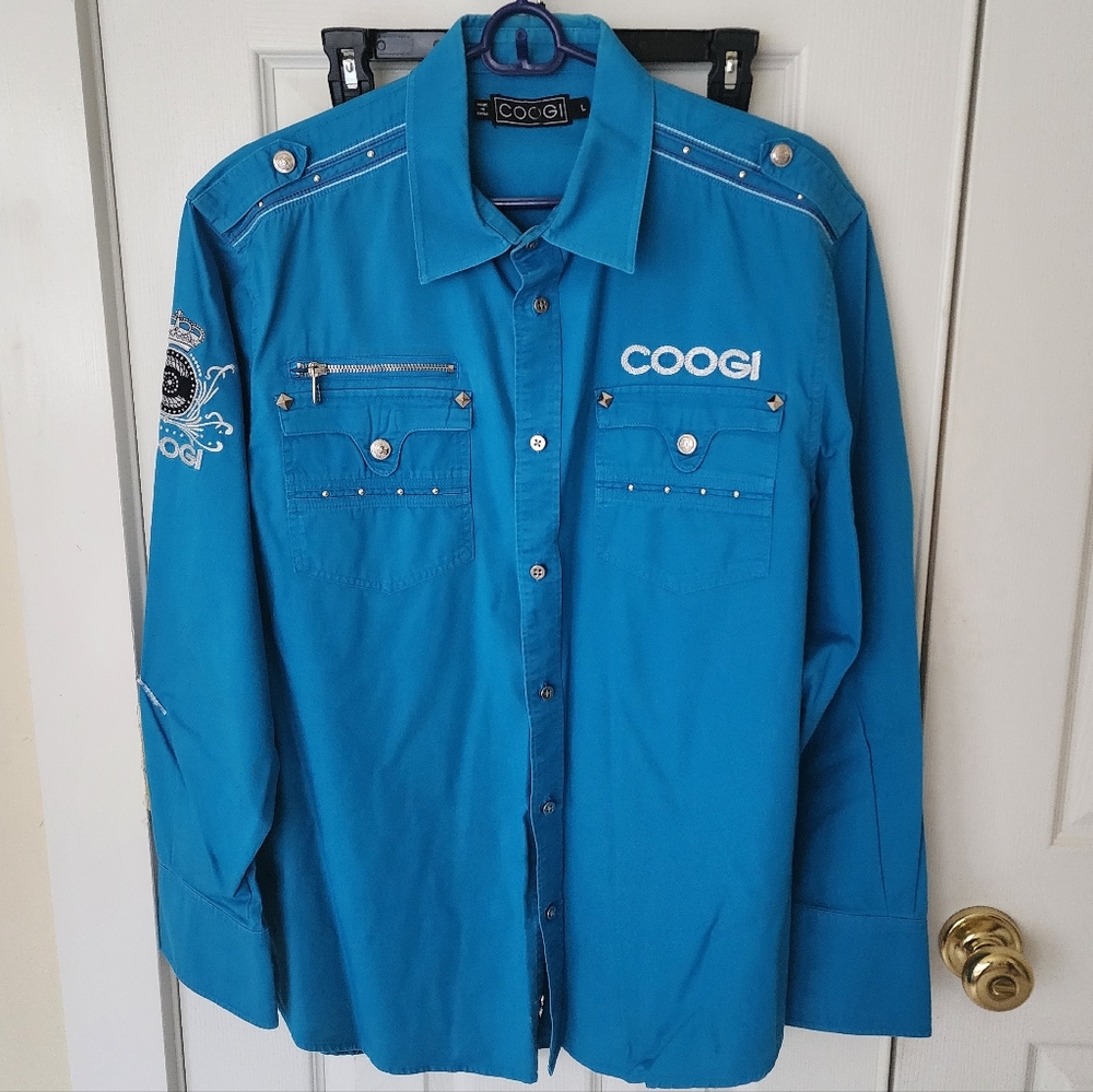 COOGI Turquoise Embroidered Button Down Shirt